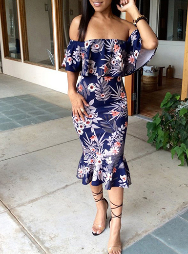Midi Dress - Foliage and Floral Printed / Straight Neckline